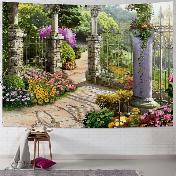 PRATYUS Romantic Spring Secret Garden Tapestry Wall Hanging Colorful Blossoming Flowers Green Plants Outdoor Nature Tapestry Home Wall Decor Aesthetic Living Room Bedroom Dorm Decor Painting