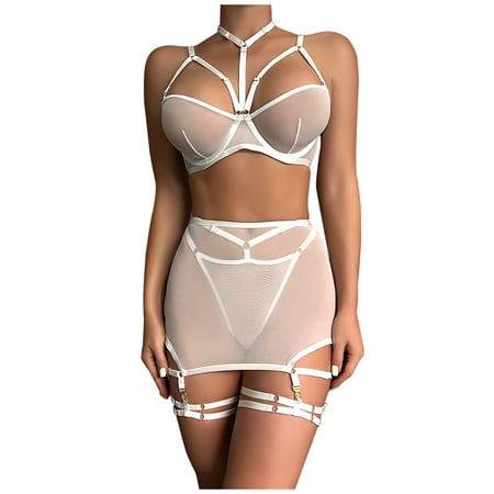 

Simplmasygenix Summer Lingerie for Women Plus Size Open Back Fashion Bikini with Garter Belts Strappy 3-Piece Splicing Set Pajama