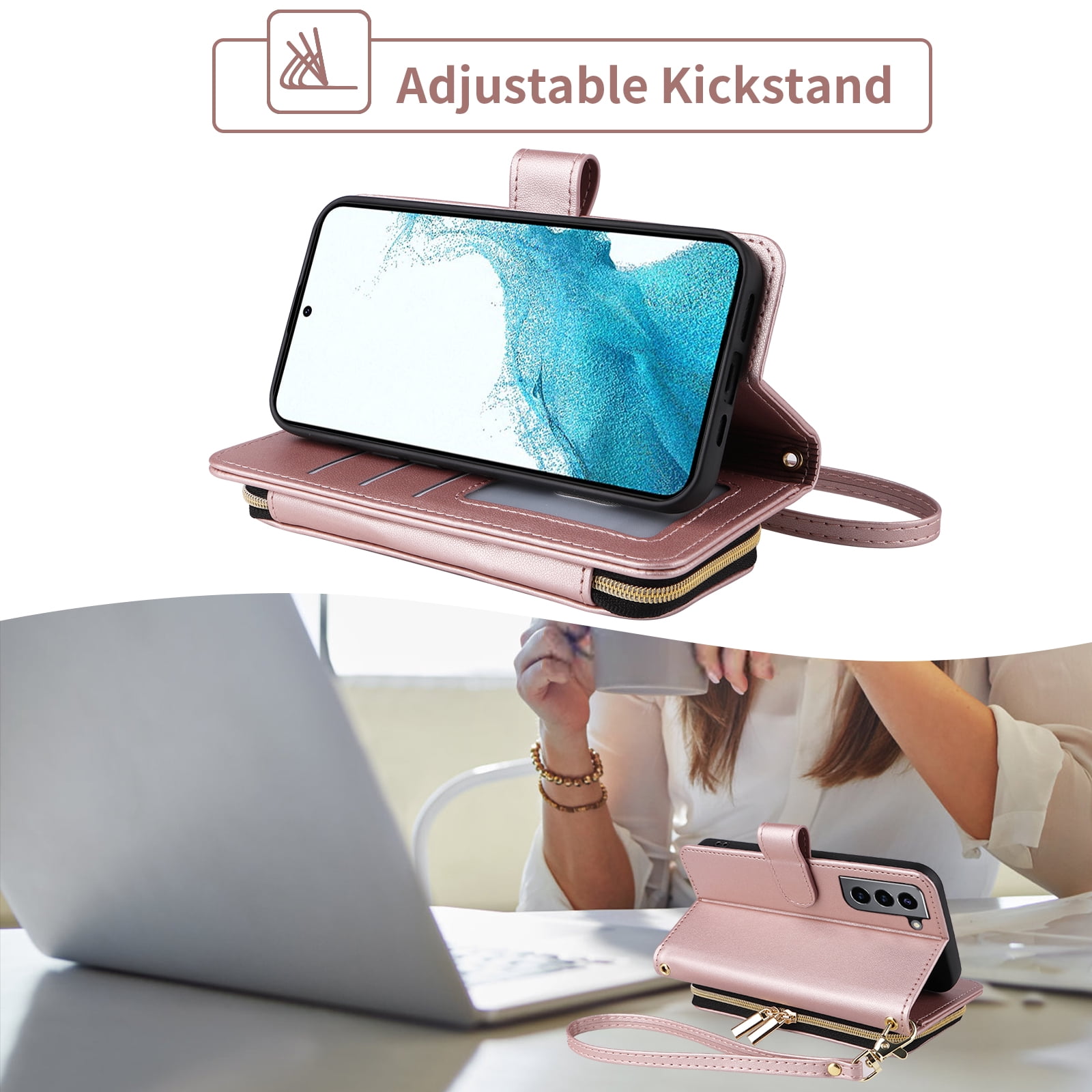 Furiet Wallet Case for Samsung Galaxy S21 Plus S21+ 5G with Wrist Strap, Shoulder Strap, Card Slots Zipper Purse, Leather Stand Cell Phone Cover for S21+5G S21plus 21S + S 21 21+ G5 Women Rose Gold