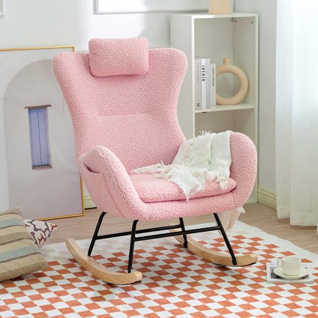 UPYOOE Rocking Chair Nursery,Teddy Upholstered Nursery Glider Rocker Chair for Baby with High Backrest Head Pillow,Indoor Rocking Chair for Nursery,Baby Room,Living Room (Pink)