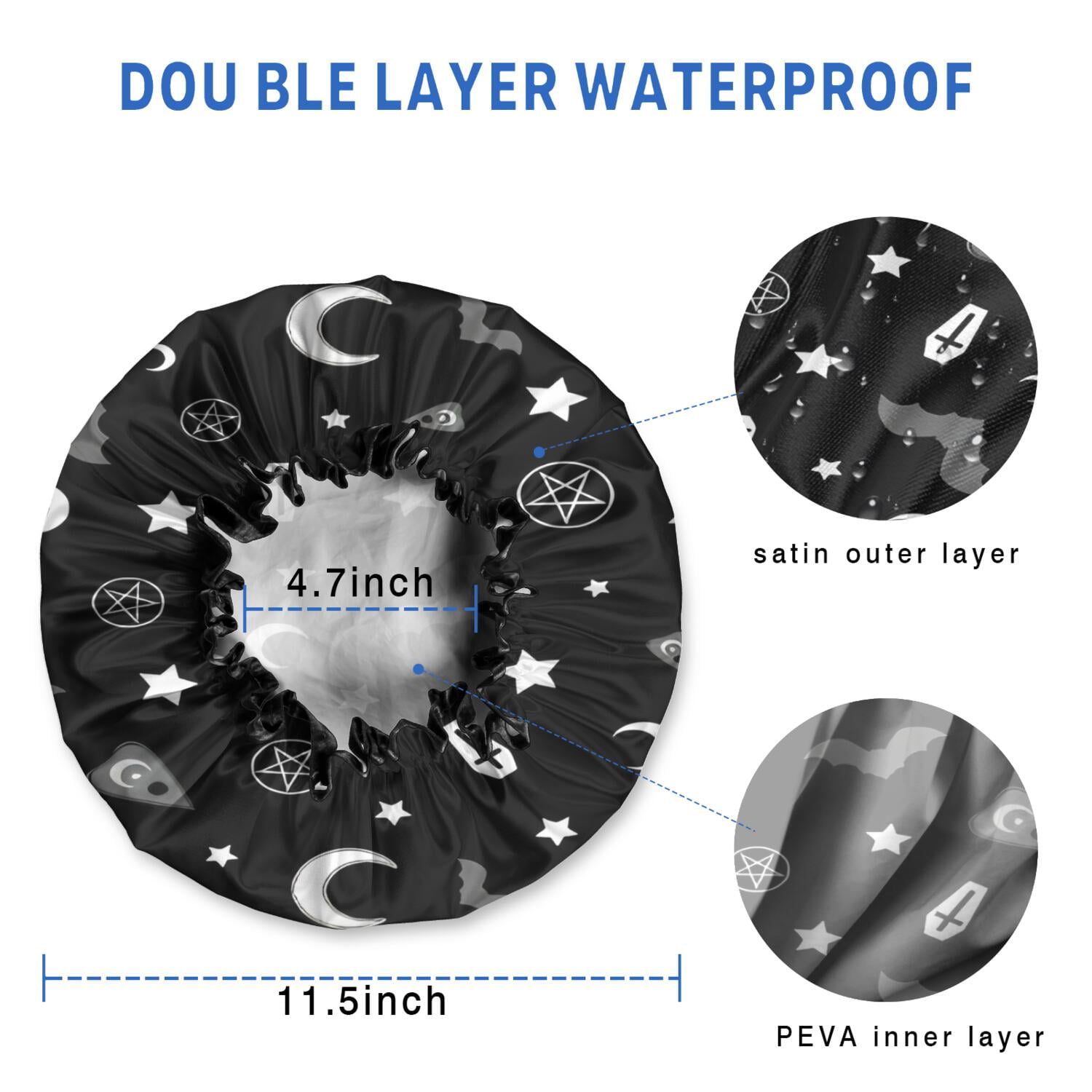 Shower Caps,Black Halloween Occult Patterns Waterproof Shower Cap for Women 4 Pieces,Double Reusable Hair Cover for Shower PEVA Elastic Stretch Hem