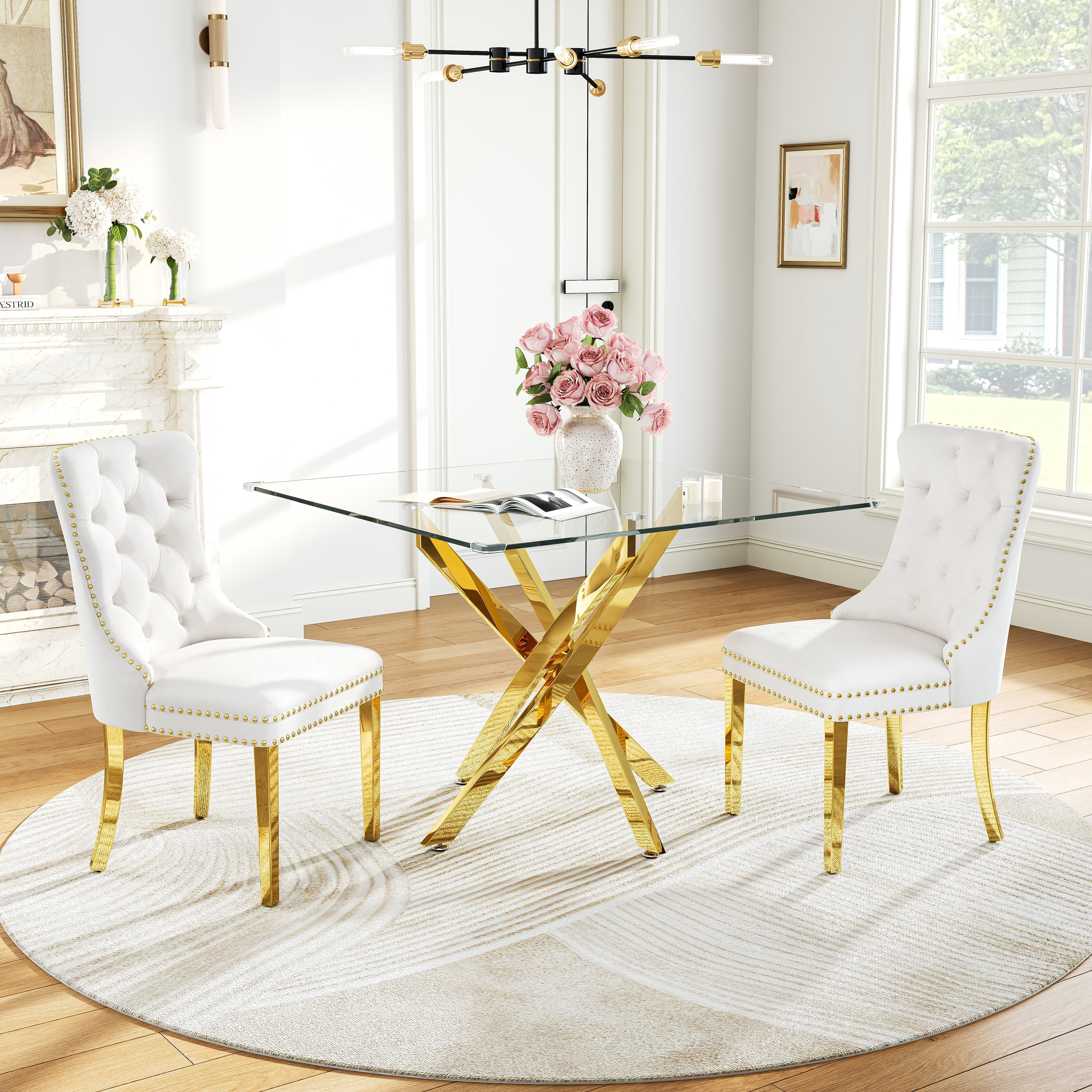 36" Square Glass Dining Table for 2 to 4, Clear Tempered Glass Top & Stainless Steel Metal Legs, Modern Small Kitchen Table for Apartment, Office, Dining room