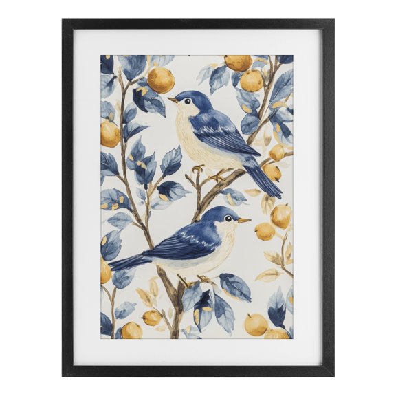 Stupell Industries Traditional Sweet Blue Birds on Lemon Branch Black Framed Print Under Glass, 14 x 20, by Petals Prints Design