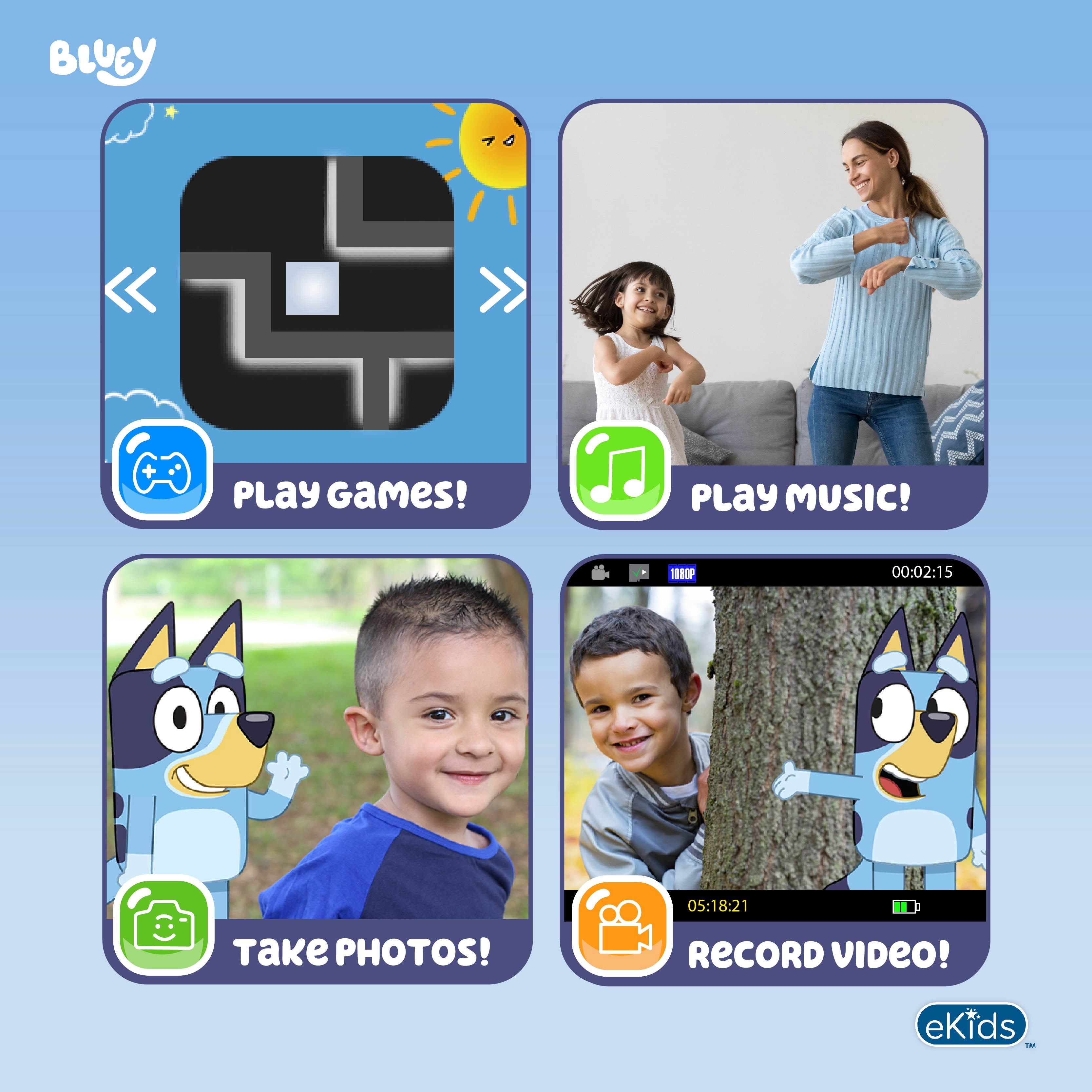 ekids Bluey Kids Camera with SD Card, Digital Camera for Kids with Built-in Digital Stickers