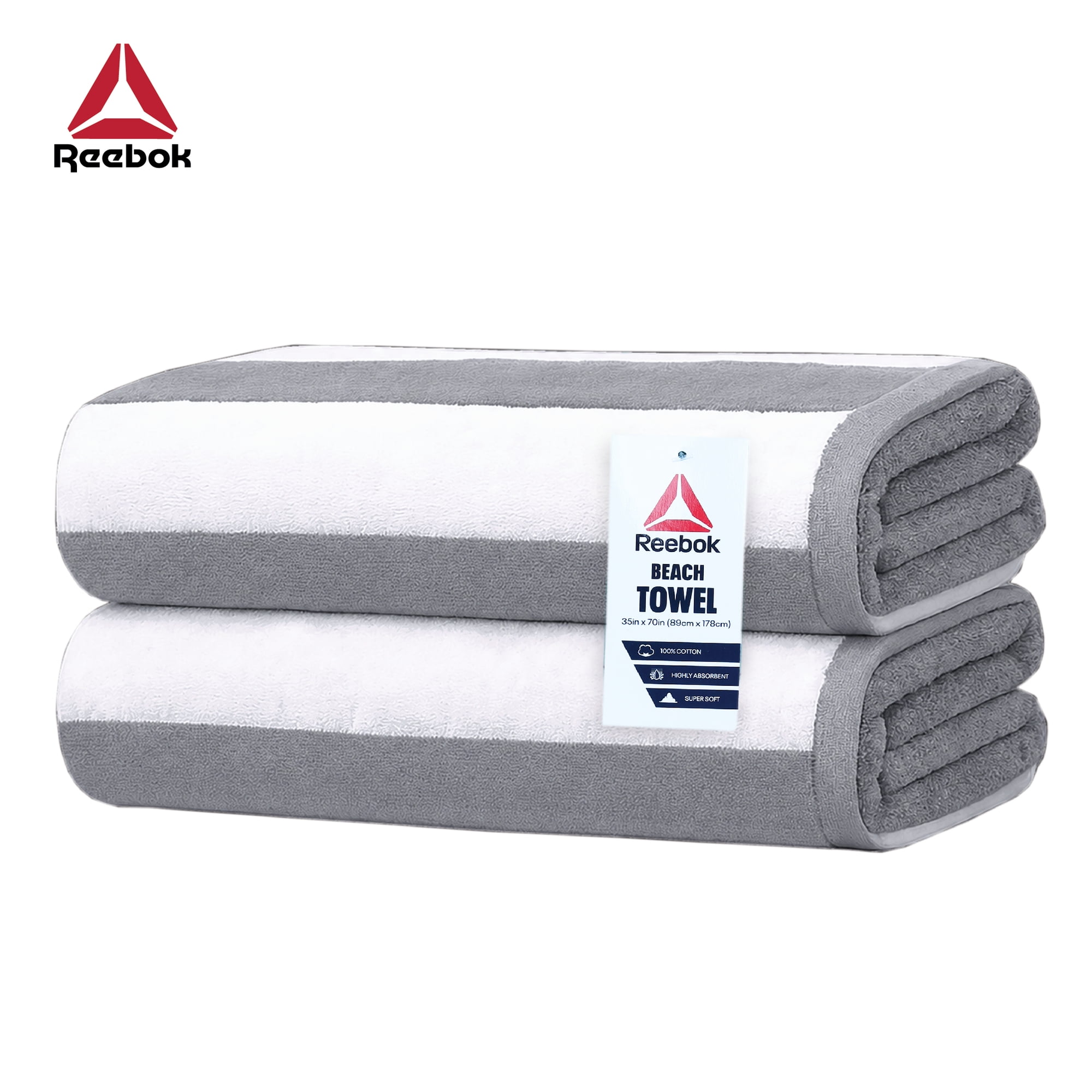 Reebok Cabana Stripe Beach Towel Light Gray, 2-Pack, 35" x 70", 100% Cotton,Ultra Soft, Highly Absorbent & Fast Drying, Oversized Soft & Absorbent Beach and Pool Towels
