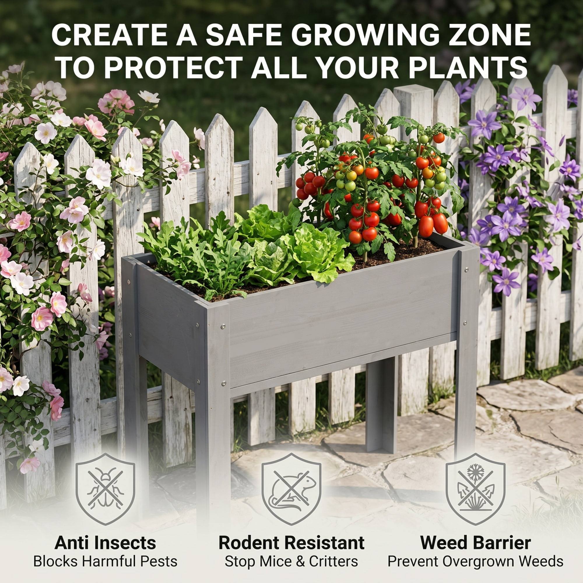 Leumius 31x31x16 Inch Raised Garden Bed with Legs, Elevated Wooden Planter Box for Outdoor Plants Flowers Fruits Vegetable Herb Growing Grey