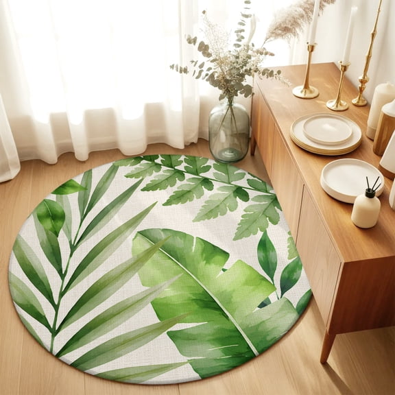 Round Rugs 6Ft, Summer Botanical Round Area Rug Washable Indoor Throw Carpet, Green Tropical Palm Leaves Rustic Soft Non Slip Circle Rug for Office Cabinet Home Decor Aesthetic