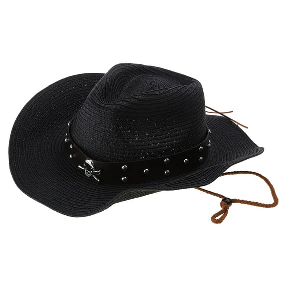 Acahhotxx Cowboy Hat, Vintage Large Metal Skull Brim Hat Straw Weaving Accessory for Sunproof