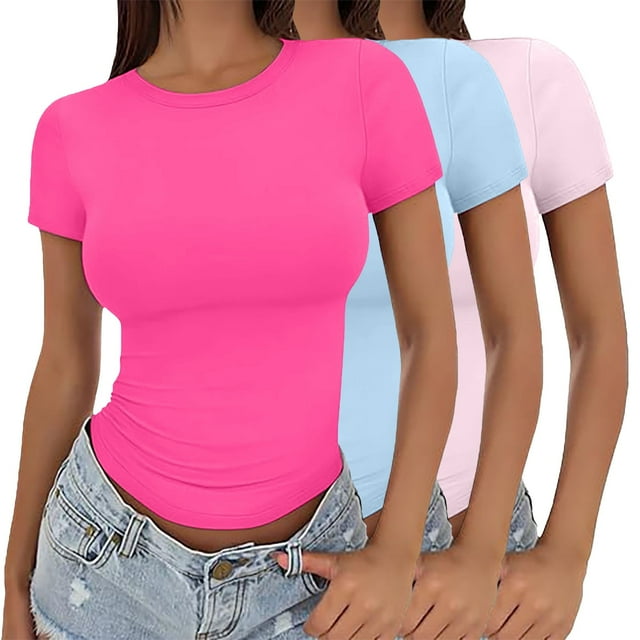 T-Shirt à Manches Courtes pour Femmes Soldes de Liquidation T-Shirts Mélangeurs pour Femmes T-Shirt Court pour Filles Chandail d'Été pour Femmes Col Rond Fin Mode Manches Courtes