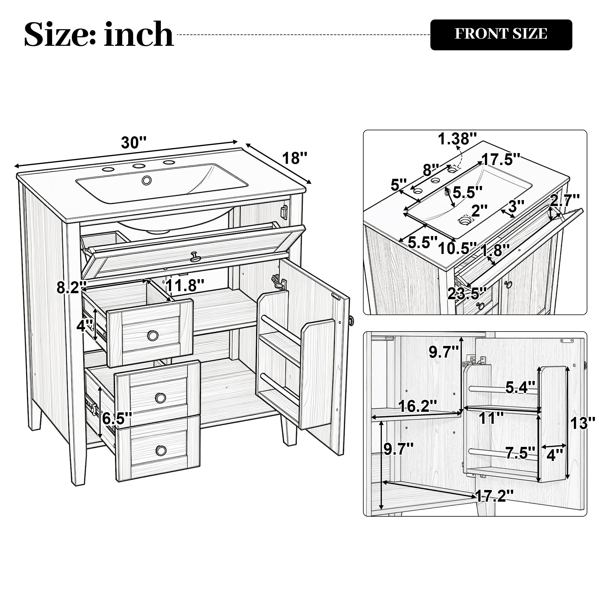30" Natural Wood Grain Bathroom Vanity with Ceramic Sink, Solid Wood Legs, Soft-Close Mechanism, Tip-Out Drawer & Storage Shelf on Door, Adjustable Shelf