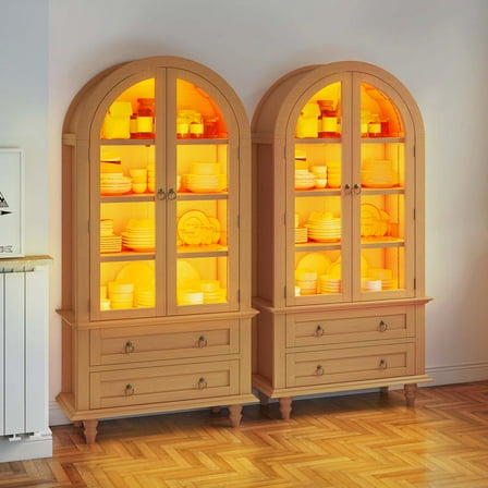 Craftian 73" Kitchen Pantry Cabinet with LED Lighting, 4-Tier Farmhouse Kitchen Storage Cabinet with 2 Drawer