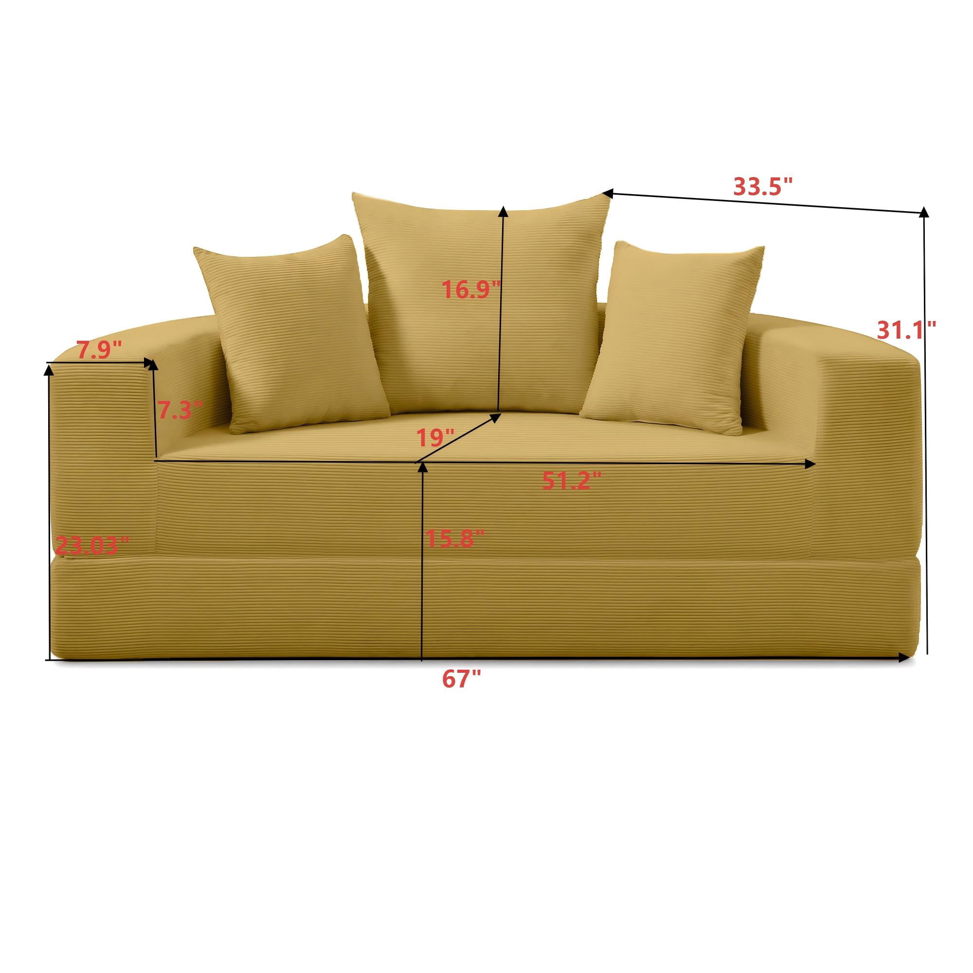 Miniyam 67" X 67" Convertible Sofa Corduroy Couch Bed For Apartment, Compressed Floor Sofa Adjustable Futon Sofa No Assembly, Yellow