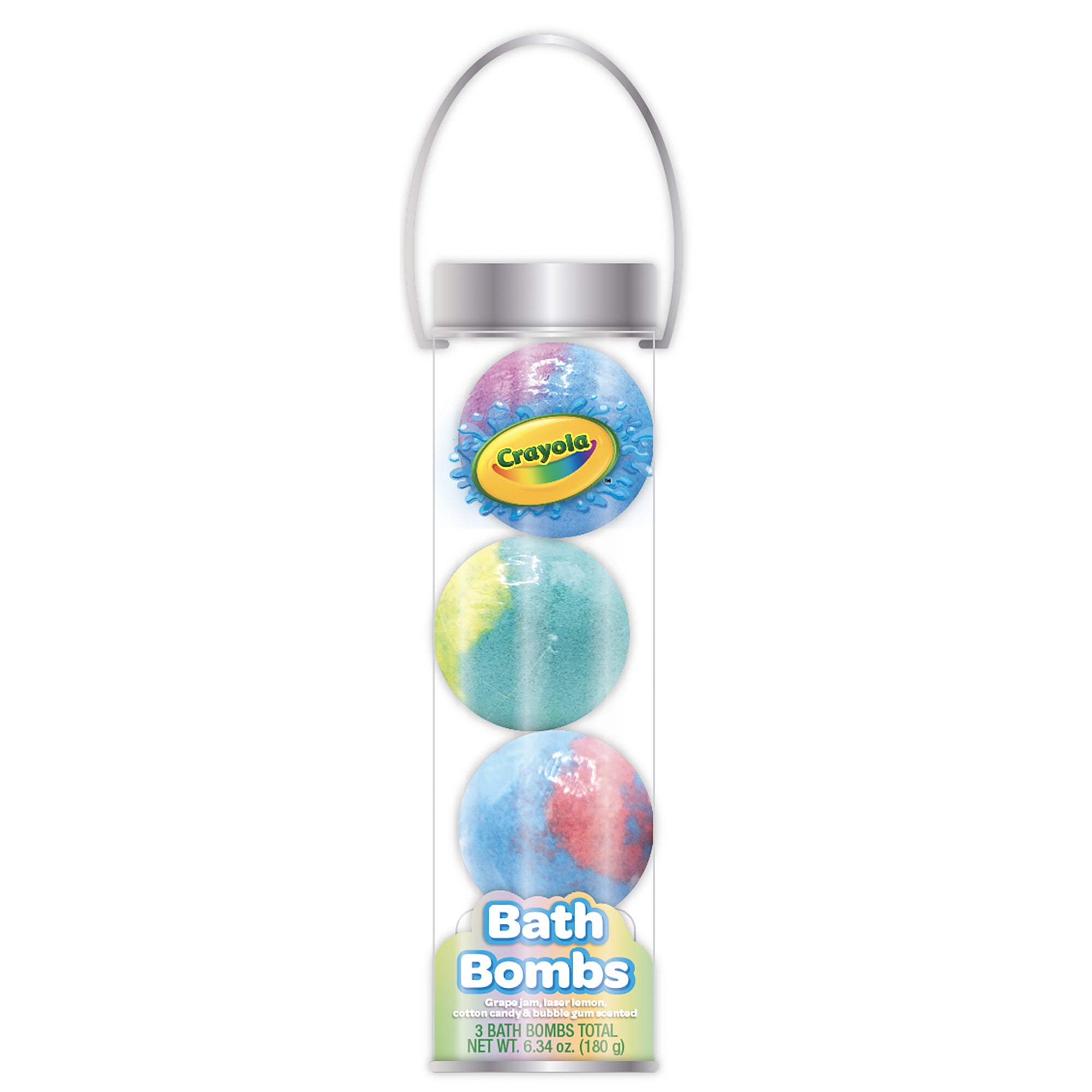 Crayola Cylindar Bath Bombs, Grape Jam, Laser Lemon, Cotton Candy & Bubble Gum Scented, 6.34 oz; 3 Count