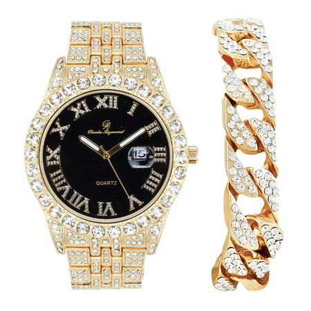 Charles Raymond Big Rocks w/Roman Numerals Fully Iced Out Mens Watch w/Easy Read Date and Colorful Dials- Designer Hip Hop Blinged Out Timepiece - ST0226RND Cuban GOLD BLK