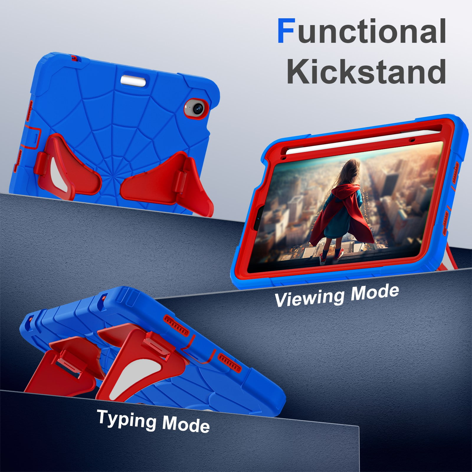 ELEHOLD Kids Friendly Case For iPad Air 11-inch M3 (2025) / M2 (2024), Heavy Duty Shockproof Rugged Protective Case with Pencil Holder Foldable Kickstand for Boys Children Case, Blue+Red