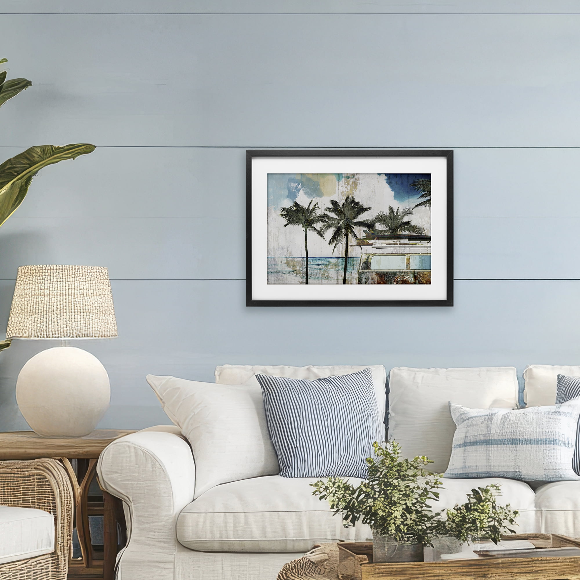 Beach Day Retro Vacation Black Framed Print Under Glass, design by Sasha
