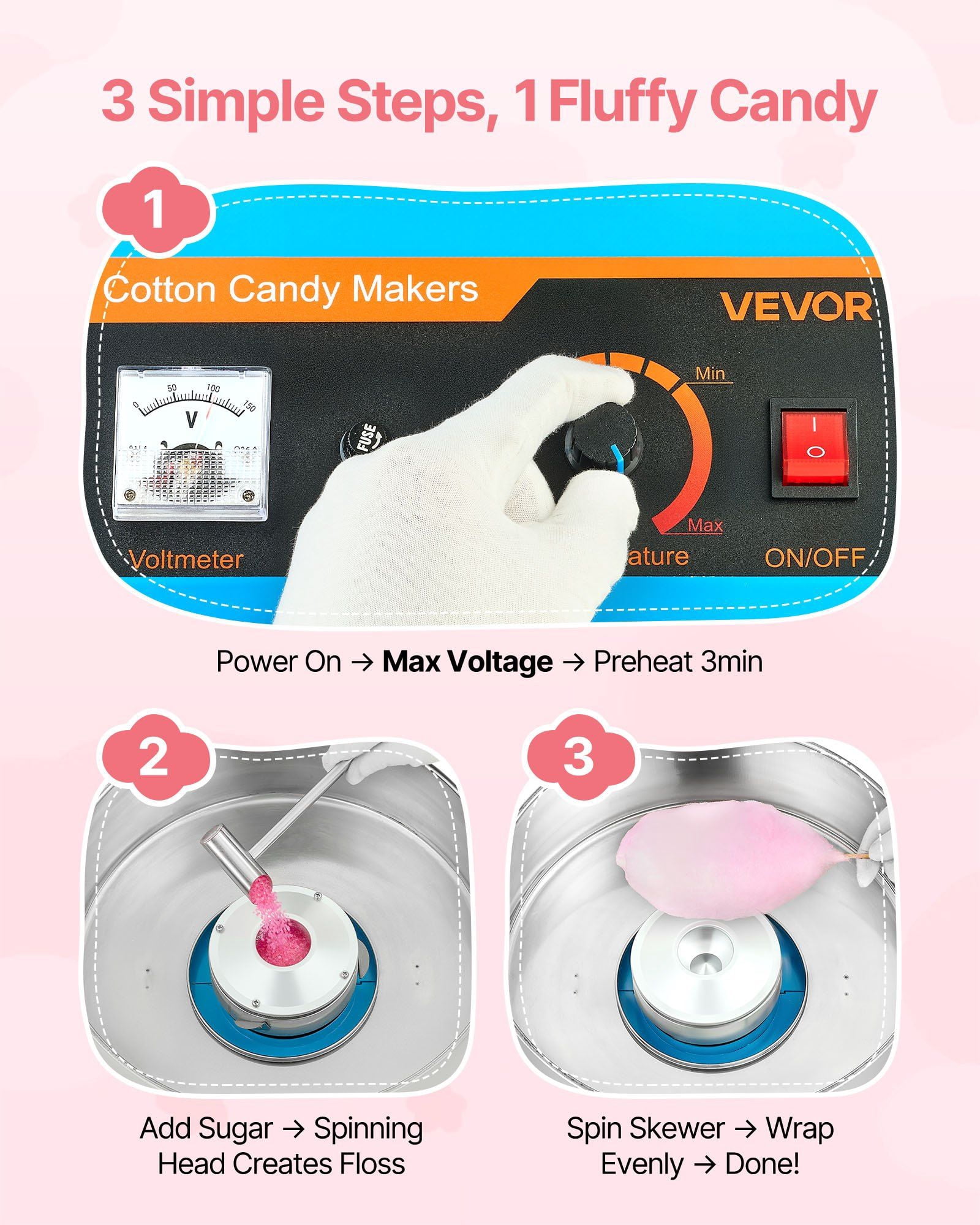 Electric Cotton Candy Machine, 1000W with 15" Bowl & Scoop, Perfect for Home and Parties