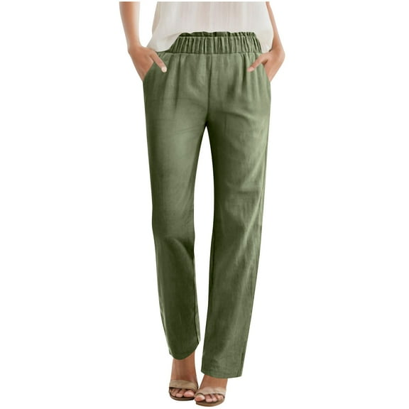Ecqkame Cotton Linen Pants for Women Summer Casual Elastic High Waisted Drawstring Pant Solid Color Straight-Leg Trendy Beach Pant with Pocket 02-Green 02-02-Green