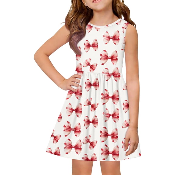 YOUYEDIAN Teen Girls Summer Dress Kids Cute Bow Print Sleeveless Dresses Patchwork Crew Neck Sundress (Red, 8-9 Years)