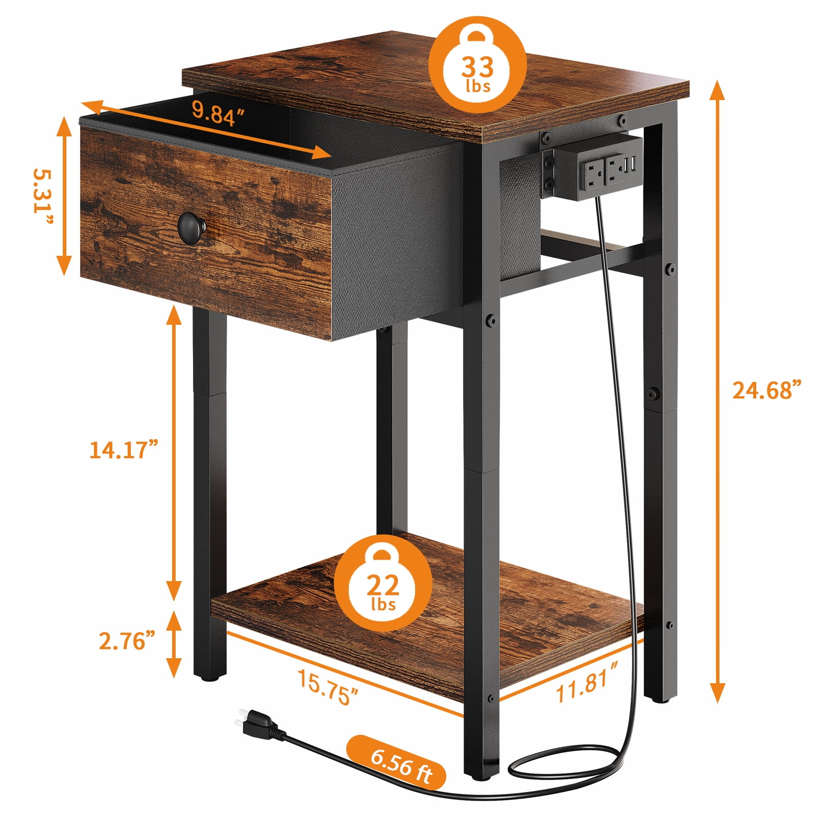 Yoobure Nightstand with Charging Station, Side Table with Large Drawer and Storage Shelf, Rustic Bedside Tables with USB Ports & Outlets for Bedroom,Living Room
