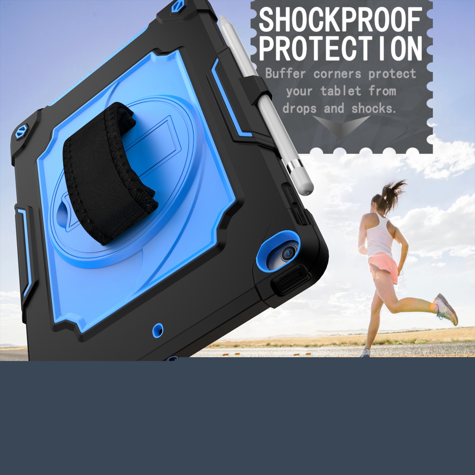 thumbnail image 6 of iPad 10.2-inch 2020/2019 Case with Soft Screen Protector, Dteck 3 in 1 Hybrid Rugged Shockproof Kickstand Case with 360 Rotating Hand Strap, Shoulder Strap for iPad 8th Gen/iPad 7th Gen, Black/Blue, 6 of 6