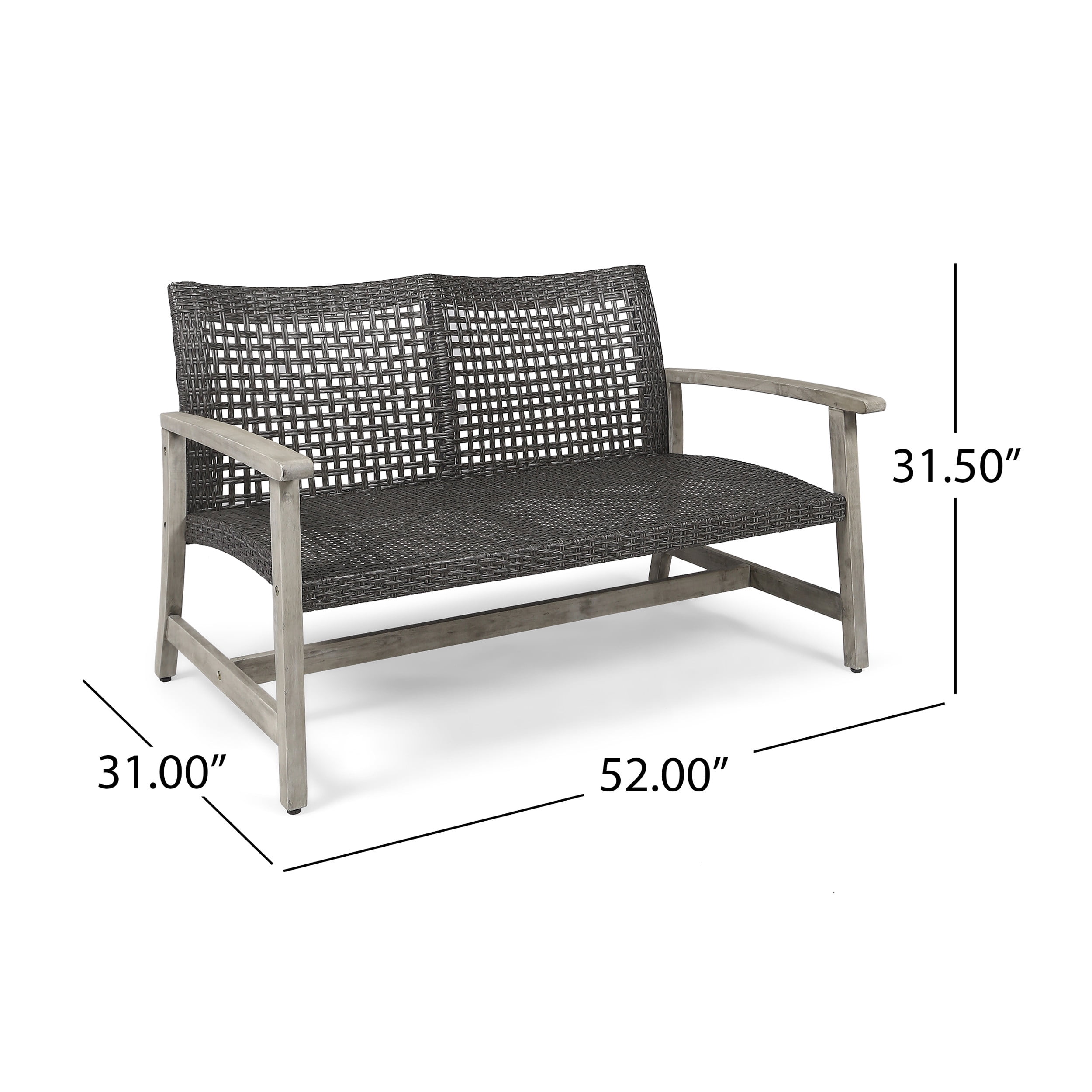 Outdoor Wicker Loveseat 52 Inch, Acacia Wood Patio Sofa with Iron Frame, Woven Seat Conversation Set for Backyard and Garden, Grey