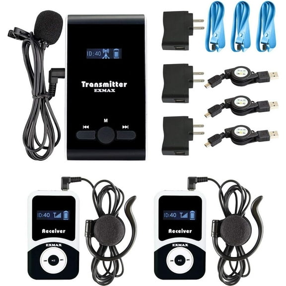 EXMAX EX-100 Wireless Tour Guide Monitoring Acoustic Audio Voice Transmission System Microphone Earphone For Church Translation Simultaneous Interpreting Teaching  (1 Transmitter 2 Receivers)