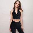 thumbnail image 2 of Women's Ribbed Halter Crop Tank Top with Deep V Neckline Seam Detailing - Black, Medium, 2 of 5