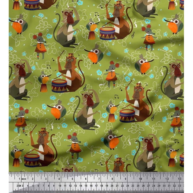 Soimoi Silk Fabric Musical Instruments,Monkey & Rat Cartoon Print Sewing Fabric Yard 42 Inch Wide