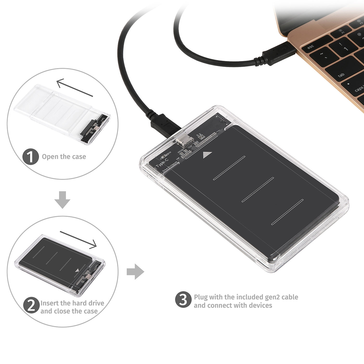 HDE External Hard Drive Enclosure USB TypeC 2.5" Clear Case HDD/SSD