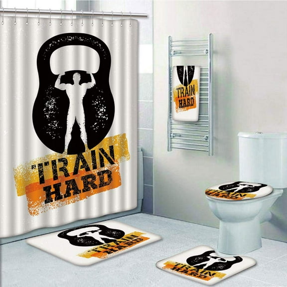 PRTAU Fitness Aged Damaged Display Kettlebell Muscular Athletic Man Silhouette Train Hard 5 Piece Bathroom Set Shower Curtain Bath Towel Bath Rug Contour Mat and Toilet Lid Cover