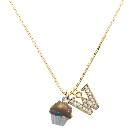 Delight Jewelry Silver-tone 3-D Chocolate Cupcake with Sprinkles - Large Goldtone Crystal Initial - W - Charm Necklace 17.5 +2