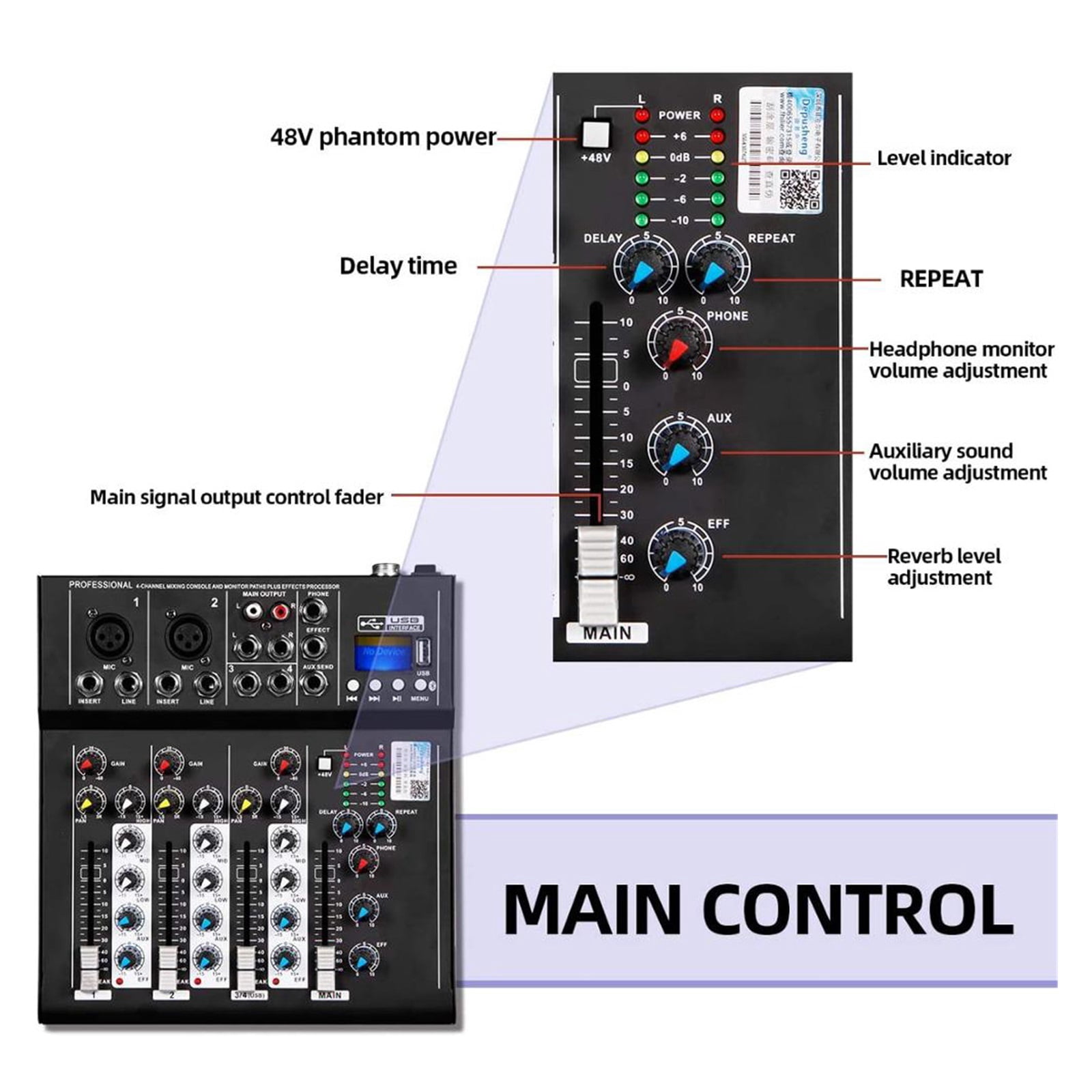4 Channel DJ Sound Mixing F4 Mixer Bluetooth PC USB Play Recording 48V Contoller Mixing Console ,Easy to Operate