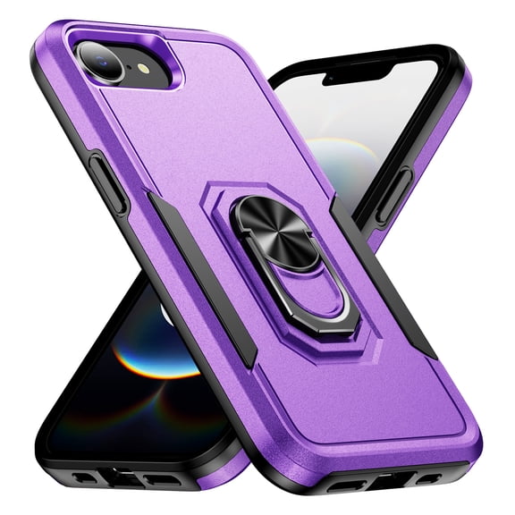 Dteck Magnetic Shockproof Case for iPhone 16E (2025) Rotatable Metal Ring Kickstand, Dual Layer Protective Cover with Drop Protection and Magnetic Car Mount Function, Purple Black