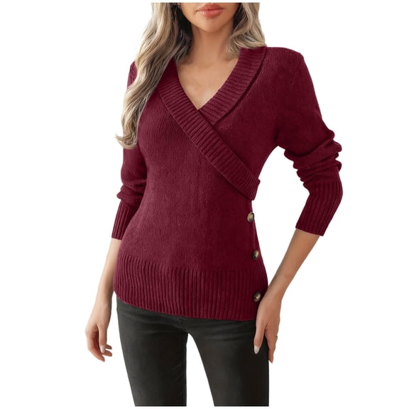 SELONE Sweaters for Women Long Sleeve Tight Knitted Pullover V Neck Buttons Knitwear Casual Soild Tops Red S