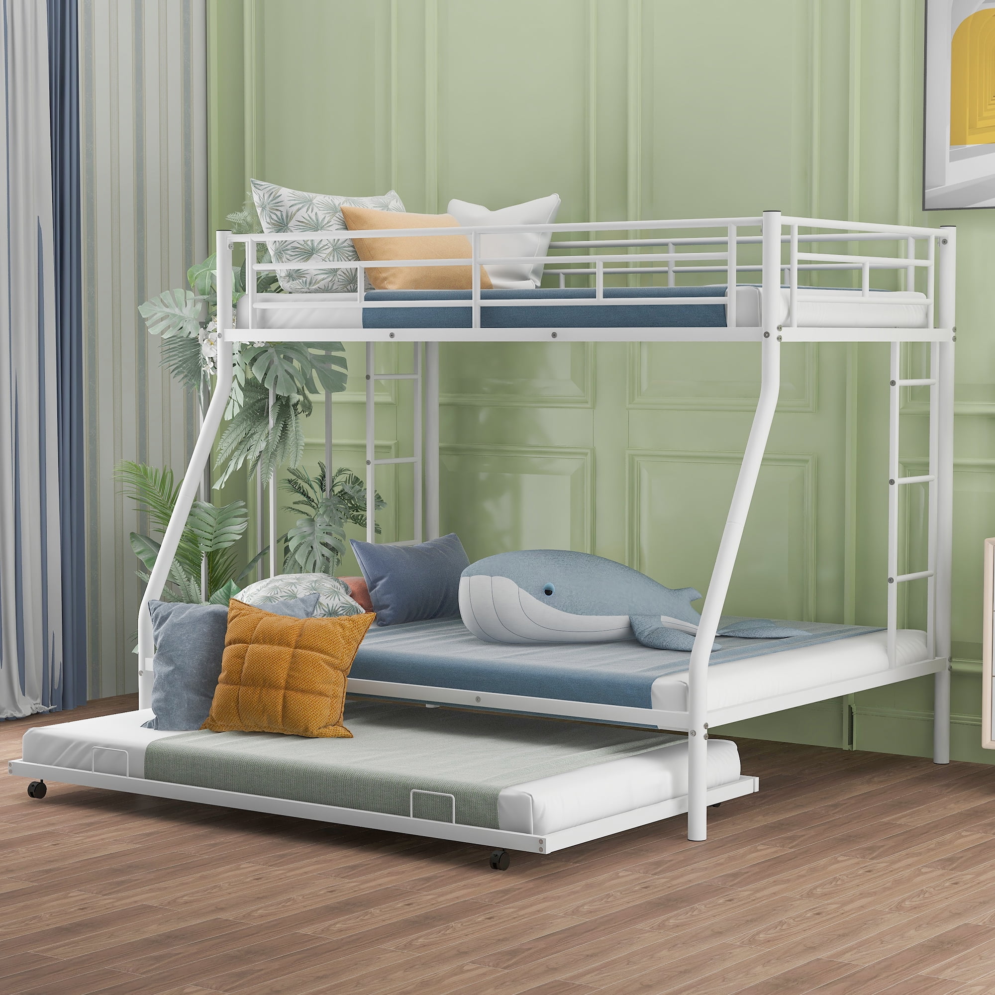 Euroco Metal Twin over Full Bunk Bed with Moveable Trundle & 2 Ladders for Bedroom, 3 Beds for Kids Teens Adults and Guests, White