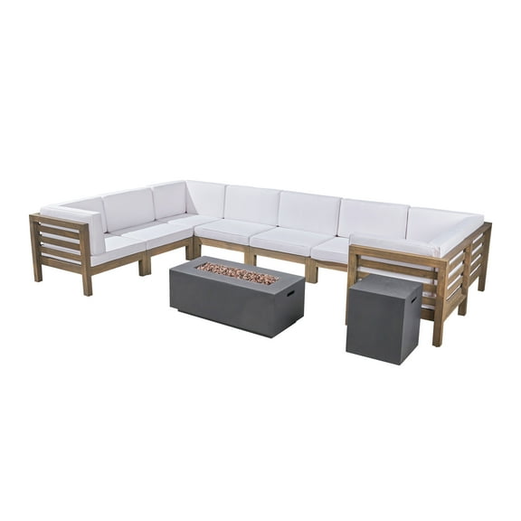GDF Studio Cascada Outdoor Acacia Wood 8 Seater Sectional Sofa Set with Fire Pit, Gray, White, and Dark Gray