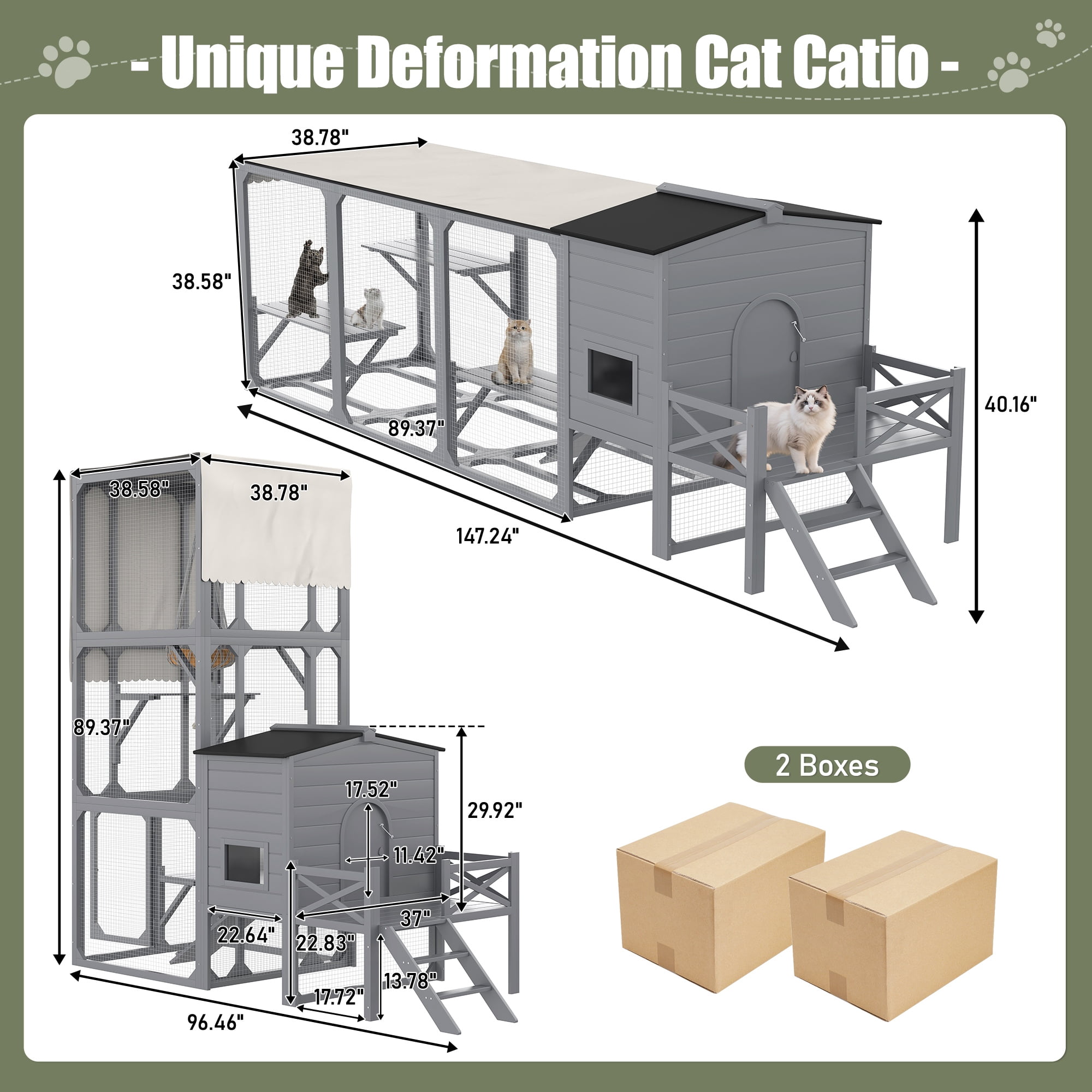 Llinc Store Catio Cat House Outdoor Large Cat Enclosure, Wooden Cat Cage Outdoor with Jumping Platforms and Cat Swing, Removable Waterproof Cover, UV Resistant, 2 Combination, Gray