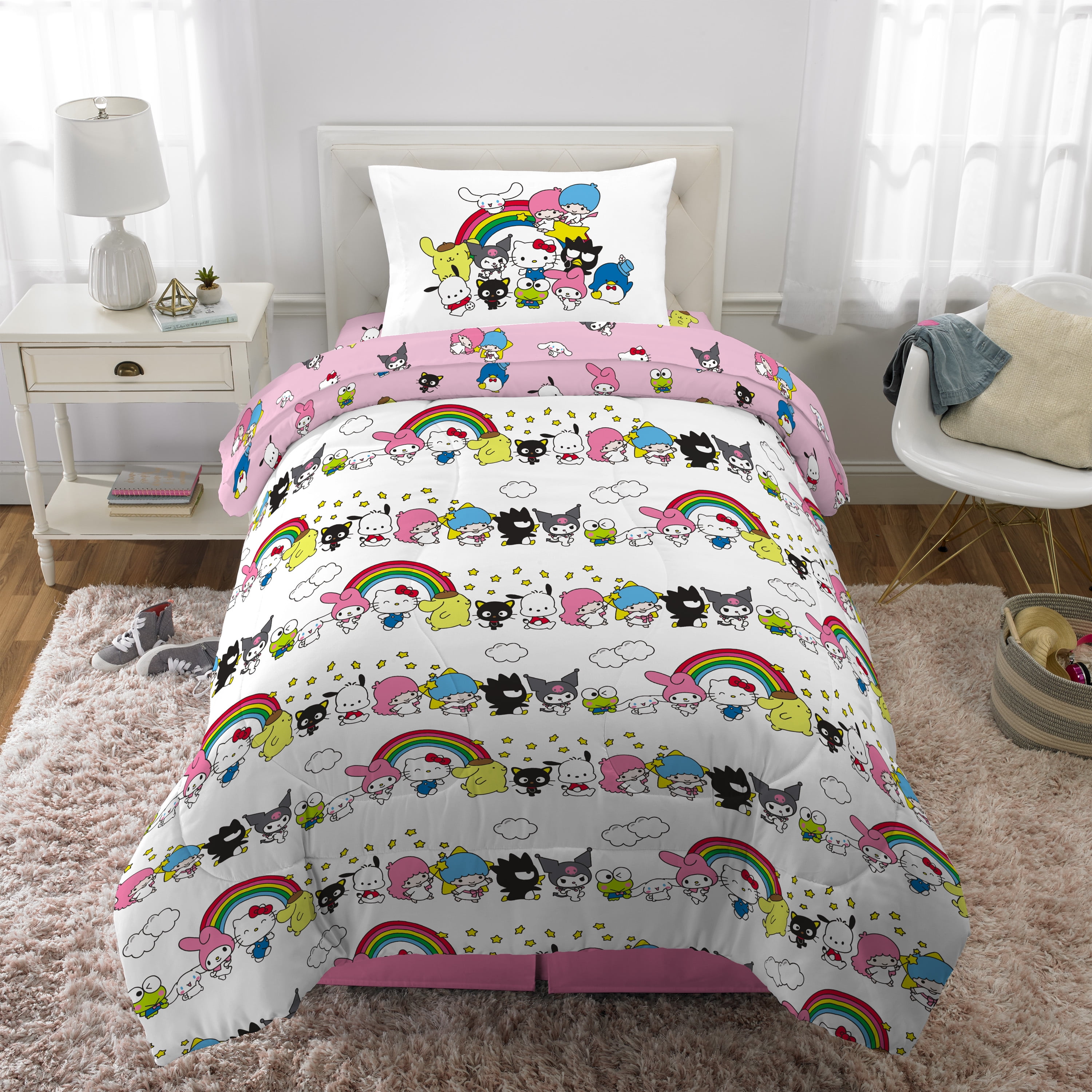 Hello Kitty and Friends Kids 6 Piece Reversible Comforter, Bed in a Bag, Queen