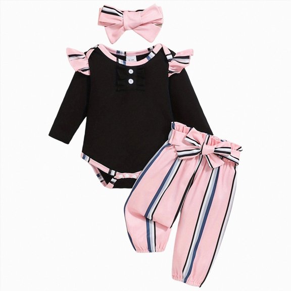 kmaduk Newborn Baby Girls Clothes Ribbed Ruffled Romper Floral Pants Headband Infant Outfit Set (Pink,9-12 Months)