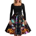 thumbnail image 4 of Women's Retro Halloween Evening Midi Dress, Square Neck High Waist Fit Flare Dress, Cat Pumpkin Print Flared Skirt Vintage Costume for Autumn Halloween Events Royal Blue B 5XL, 4 of 4