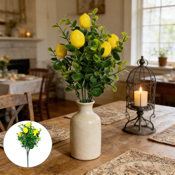 Artificial Lemon Branch with Green Leaves – Fake Lemon Tree Stems for Vase, Table Centerpiece, Kitchen Decor, Wedding and Home Decoration