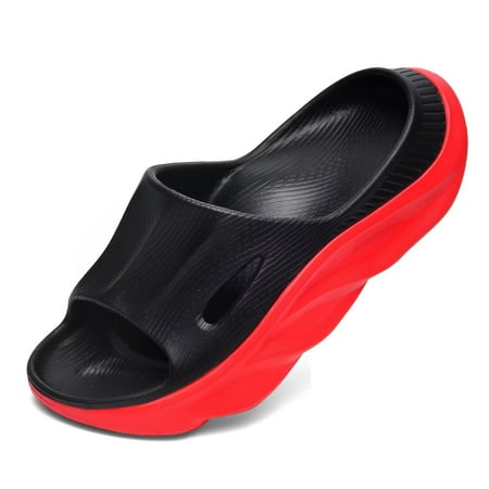 

Womens Mens Recovery Slides with Comfortable Plantar Fasciitis Arch Support Unisex Orthotic Walking Thick Cushion Sport Sandals Reduces Stress on Feet Blackred W5/M3