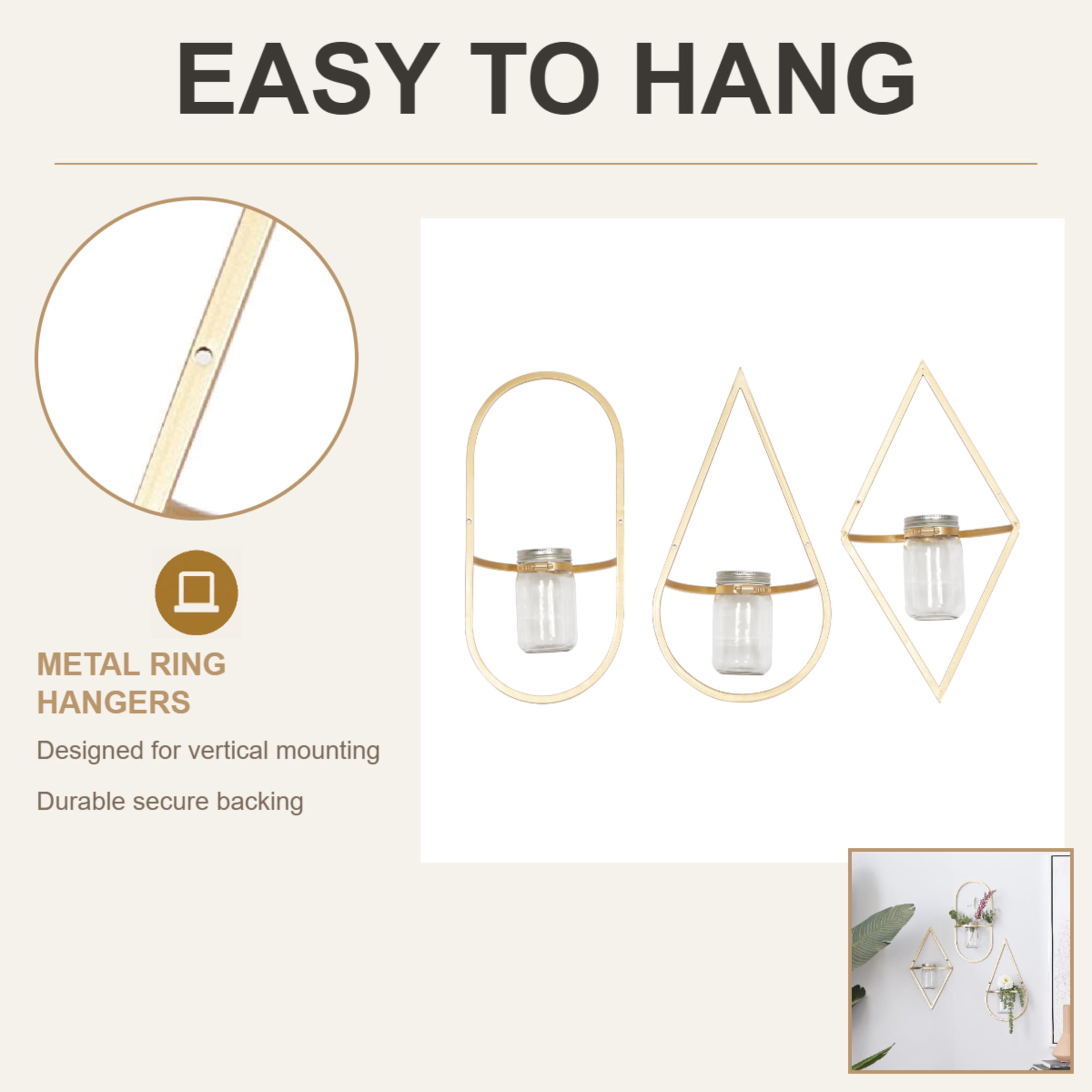 CosmoLiving by Cosmopolitan 8"W, 17"H Round Gold Metal Geometric Wall Planter with Glass Holder (3 Count)