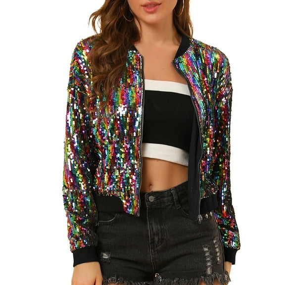 INSPIRE CHIC Women's Sequin Jacket Zipper Closure Hidden Pockets Bomber Jacket M Rainbow