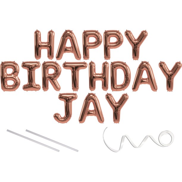 Jay, Happy Birthday Mylar Balloon Banner Rose Gold 16 inch Letters. Includes 2 Straws for