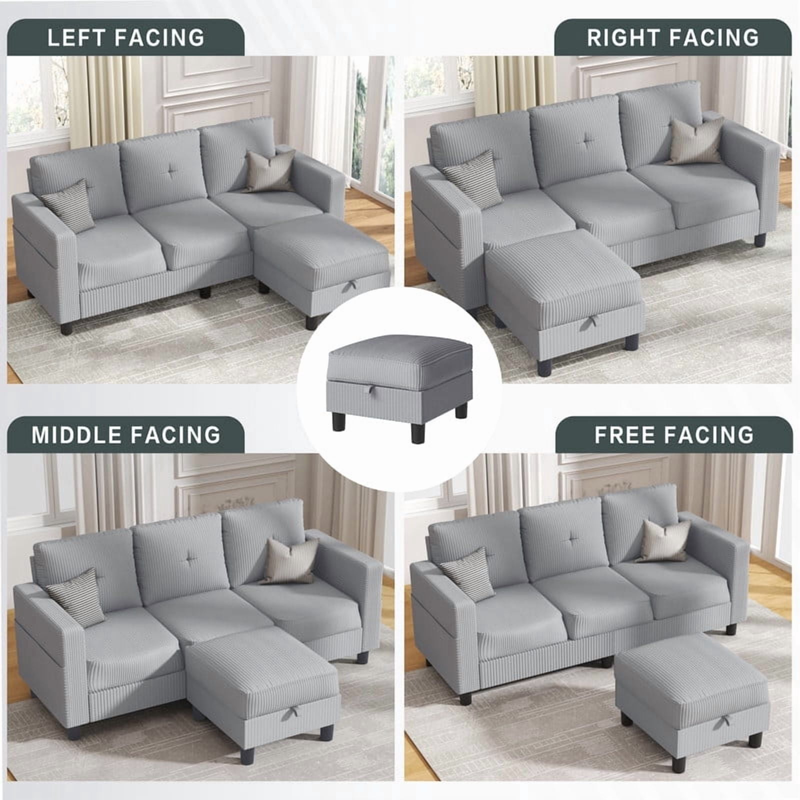 Walsunny Convertible Sectional Sofa Couch, Modern Linen Fabric L-Shaped Couch 3-Seat Sofa Sectional with Reversible Chaise for Small Living Room, Apartment and Small Space,Light Gray