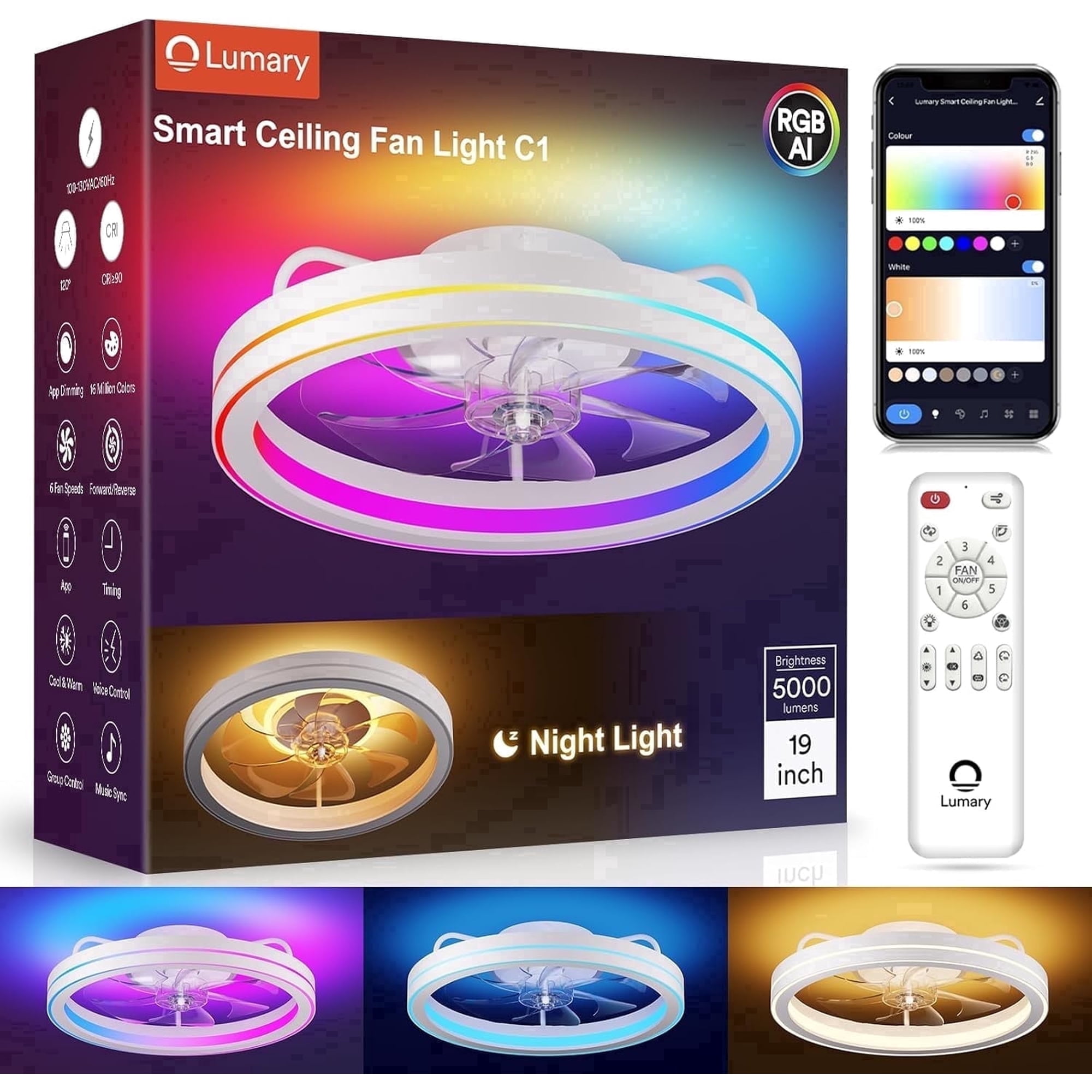 Lumary 19" Smart Ceiling Fan with Light & Remote, Low Profile Flush Mount, WiFi, Alexa/Google, App & Remote Control, White