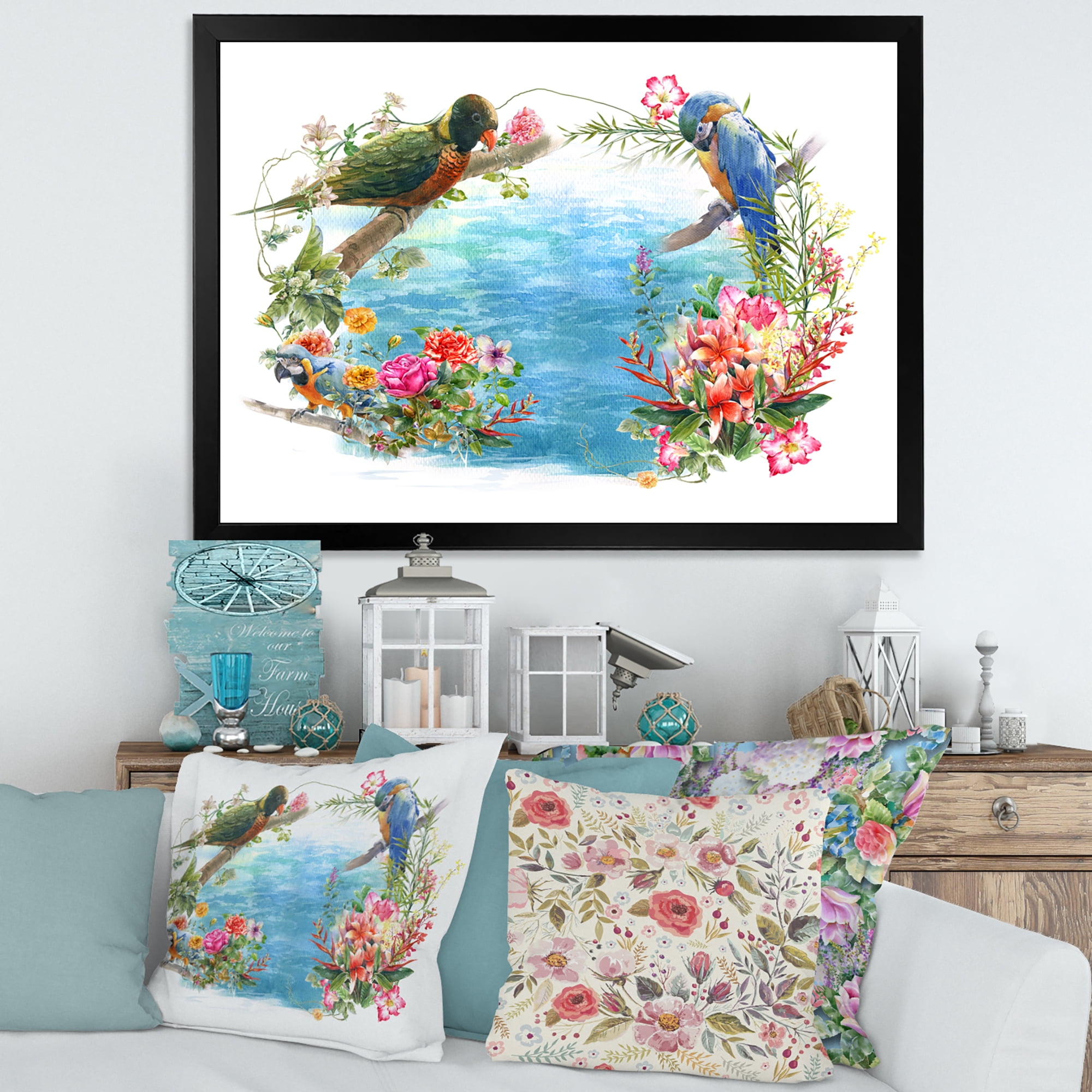 Designart 'Parrots and Flowers By The Blue Waterside' Traditional Framed Art Print