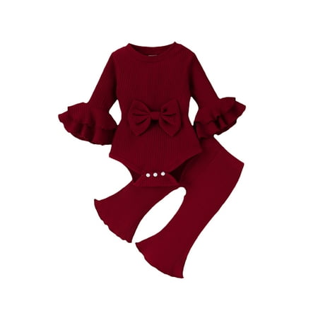 

Sunisery 2PCS Newborn Baby Girl Fall Winter Clothes Ruffle Long Sleeve Ribbed Romper Top Flared Pants Outfits Wine Red 0-3 Months